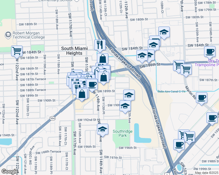 map of restaurants, bars, coffee shops, grocery stores, and more near 11324 Quail Roost Drive in Miami
