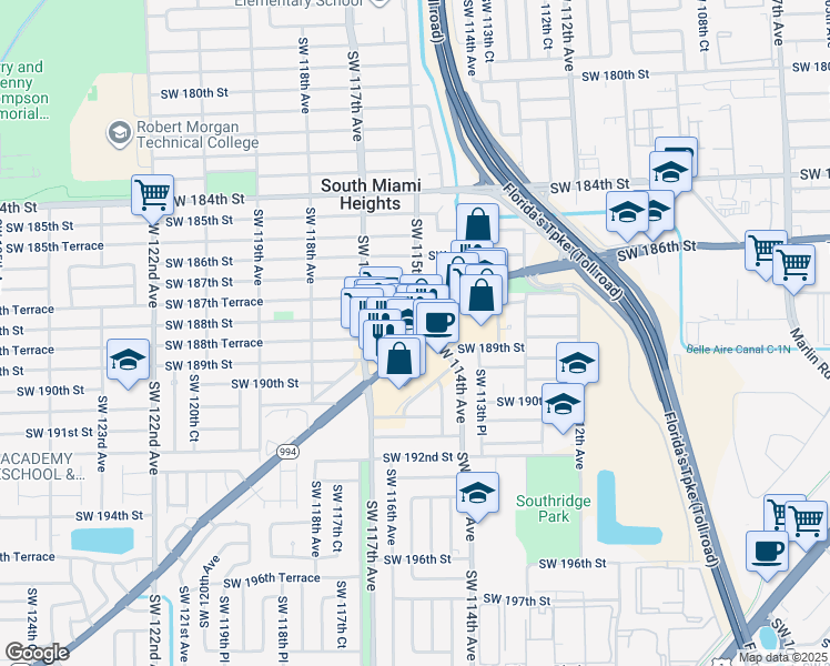 map of restaurants, bars, coffee shops, grocery stores, and more near 11515 Quail Roost Drive in Miami
