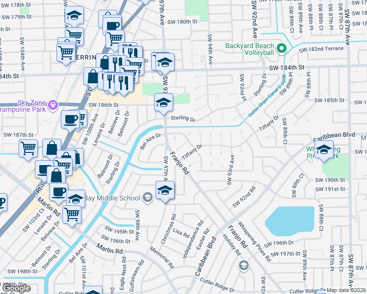 map of restaurants, bars, coffee shops, grocery stores, and more near 9500 Southwest 188th Terrace in Cutler Bay