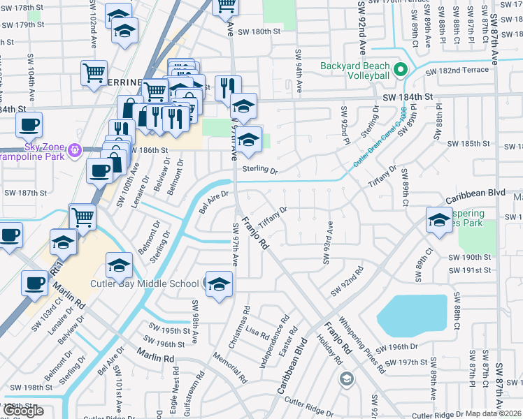map of restaurants, bars, coffee shops, grocery stores, and more near 9500 Southwest 188th Terrace in Cutler Bay