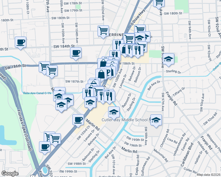 map of restaurants, bars, coffee shops, grocery stores, and more near 18757 Southwest 100th Avenue in Cutler Bay