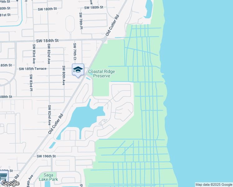 map of restaurants, bars, coffee shops, grocery stores, and more near 7563 Southwest 188th Terrace in Cutler Bay