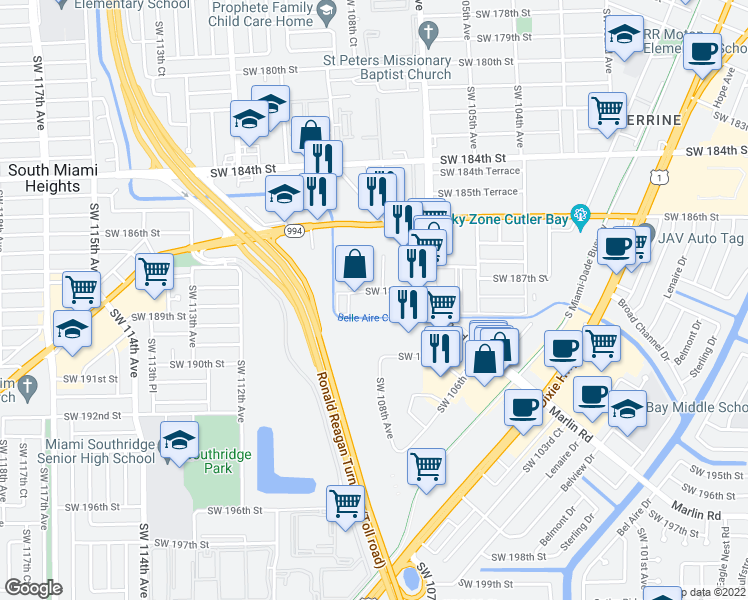 map of restaurants, bars, coffee shops, grocery stores, and more near 10844 Southwest 188th Street in Miami