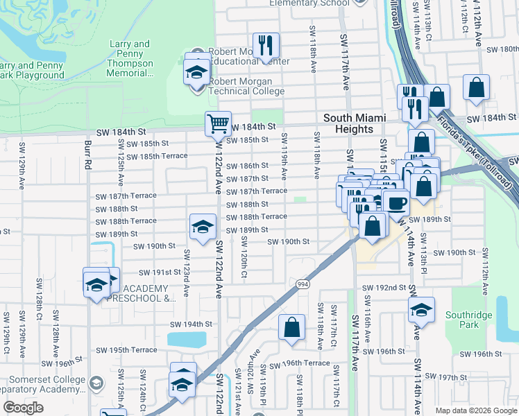 map of restaurants, bars, coffee shops, grocery stores, and more near 11960 Southwest 188th Street in Miami