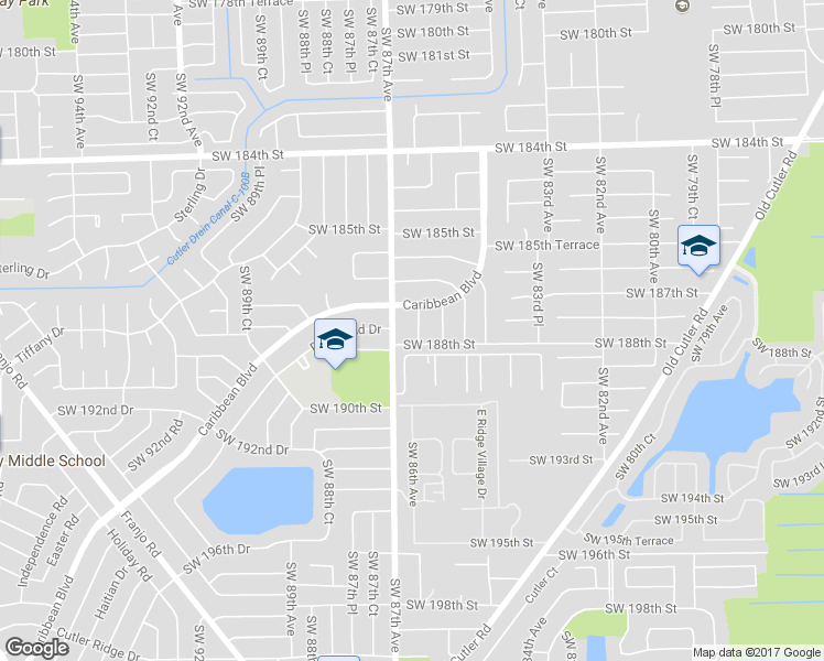 map of restaurants, bars, coffee shops, grocery stores, and more near 18730 Southwest 86th Avenue in Cutler Bay