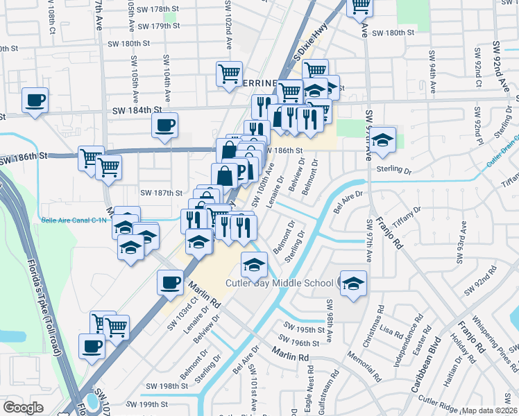 map of restaurants, bars, coffee shops, grocery stores, and more near 18757 Southwest 100th Avenue in Cutler Bay
