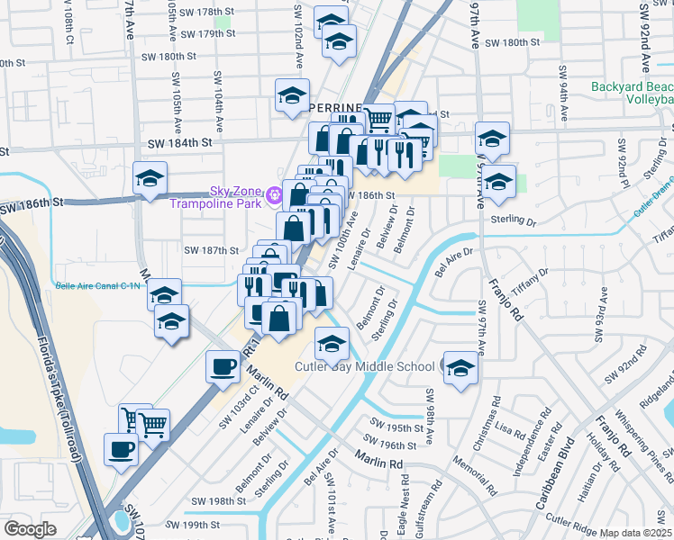 map of restaurants, bars, coffee shops, grocery stores, and more near 18757 Southwest 100th Avenue in Cutler Bay
