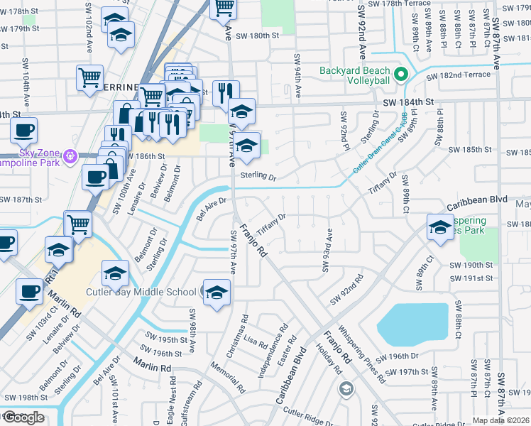 map of restaurants, bars, coffee shops, grocery stores, and more near 9500 Southwest 188th Terrace in Cutler Bay