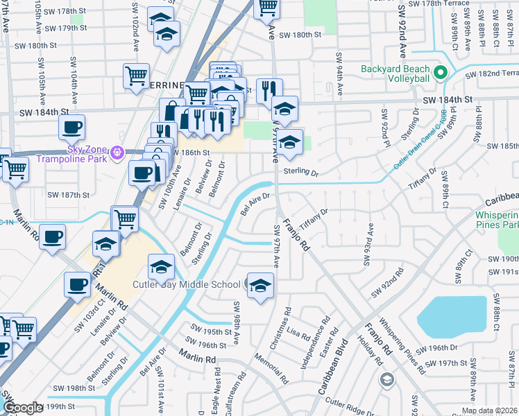 map of restaurants, bars, coffee shops, grocery stores, and more near 18735 Southwest 99th Road in Cutler Bay