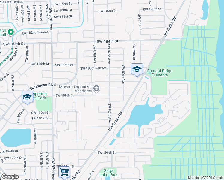map of restaurants, bars, coffee shops, grocery stores, and more near 8190 Southwest 187th Terrace in Cutler Bay