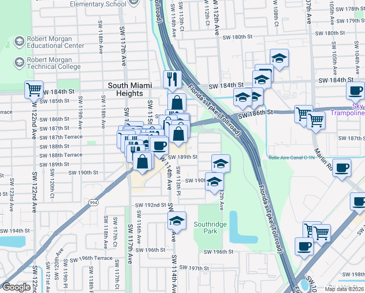map of restaurants, bars, coffee shops, grocery stores, and more near 11324 Quail Roost Drive in Miami