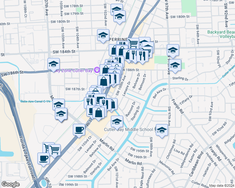 map of restaurants, bars, coffee shops, grocery stores, and more near 18757 Southwest 100th Avenue in Cutler Bay