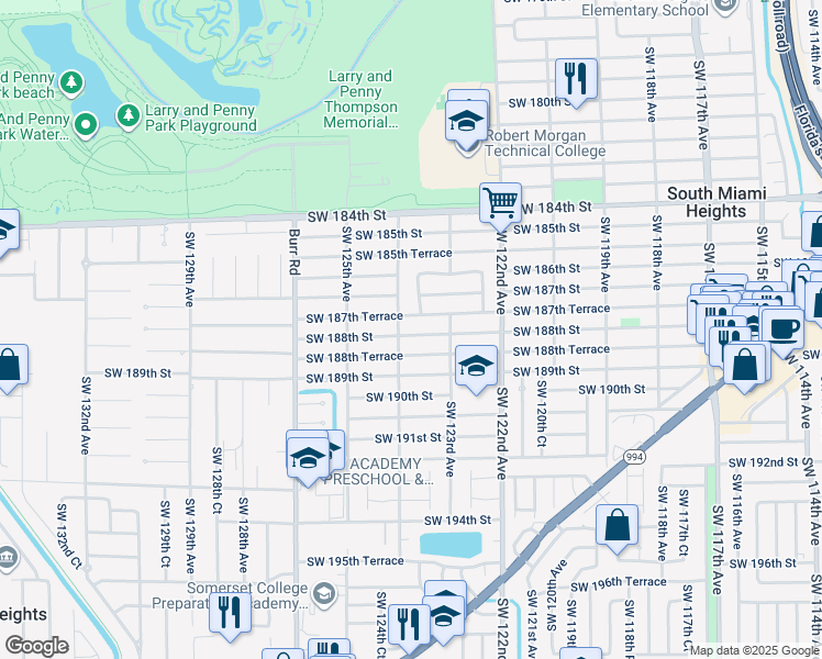 map of restaurants, bars, coffee shops, grocery stores, and more near 12371 Southwest 188th Street in Miami
