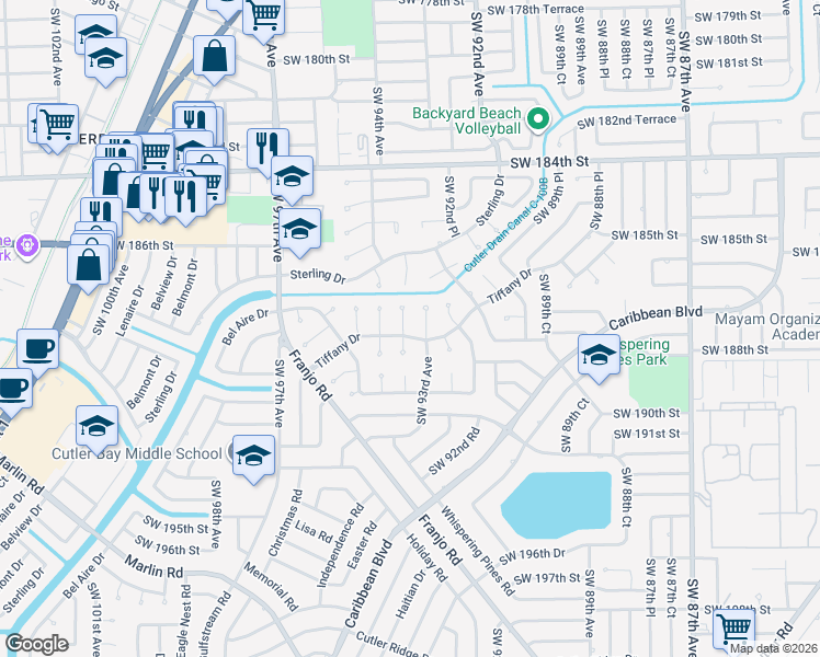 map of restaurants, bars, coffee shops, grocery stores, and more near 18683 Southwest 93rd Court in Cutler Bay