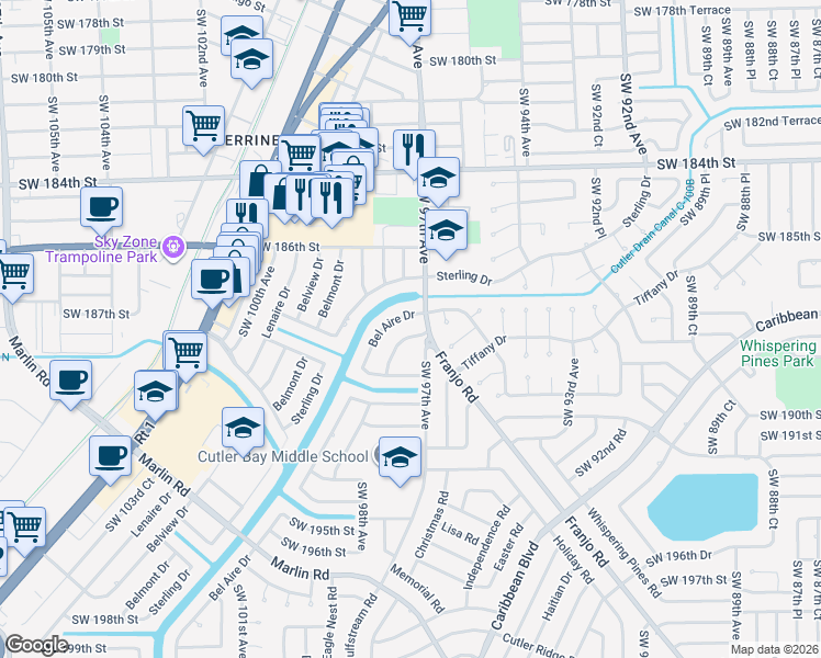 map of restaurants, bars, coffee shops, grocery stores, and more near 18735 Southwest 99th Road in Cutler Bay
