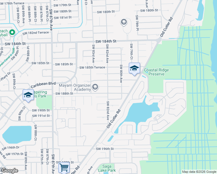 map of restaurants, bars, coffee shops, grocery stores, and more near 8190 Southwest 187th Terrace in Cutler Bay