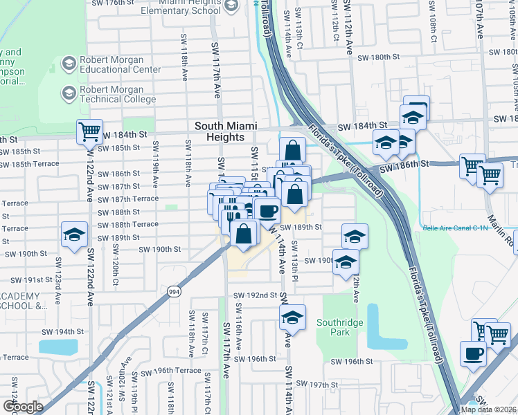 map of restaurants, bars, coffee shops, grocery stores, and more near 11515 Quail Roost Drive in Miami