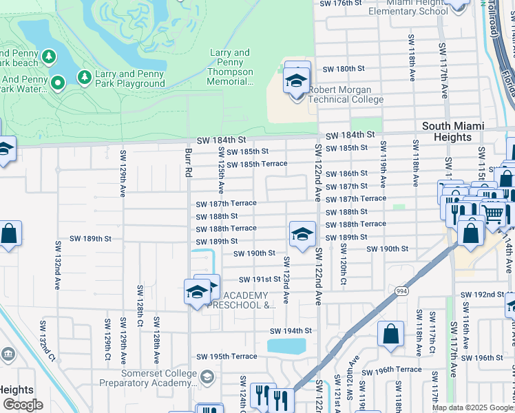 map of restaurants, bars, coffee shops, grocery stores, and more near 12371 Southwest 188th Street in Miami