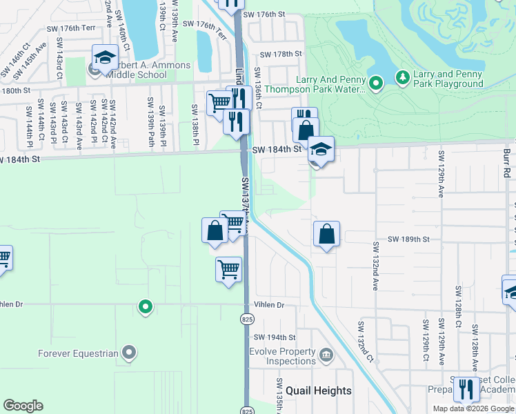 map of restaurants, bars, coffee shops, grocery stores, and more near 13600 Southwest 186th Street in Miami