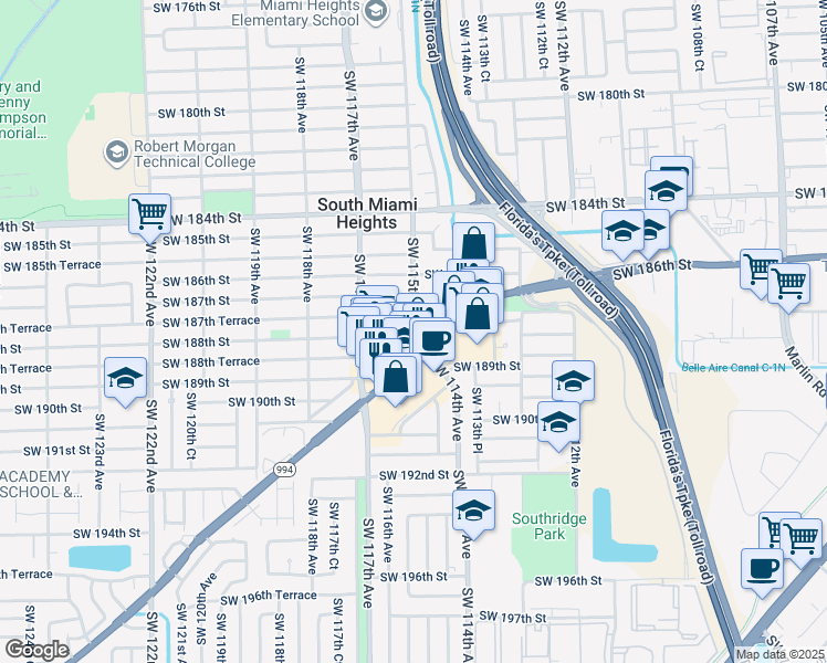 map of restaurants, bars, coffee shops, grocery stores, and more near 25092 Southwest 115th Avenue in Miami