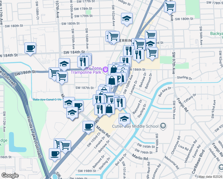 map of restaurants, bars, coffee shops, grocery stores, and more near in Cutler Bay
