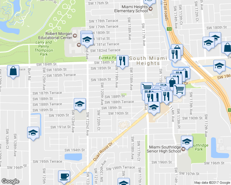 map of restaurants, bars, coffee shops, grocery stores, and more near 11900 Southwest 187th Terrace in Miami