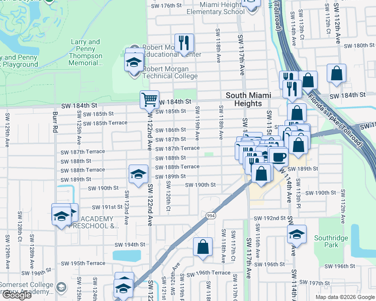map of restaurants, bars, coffee shops, grocery stores, and more near 11960 Southwest 188th Street in Miami