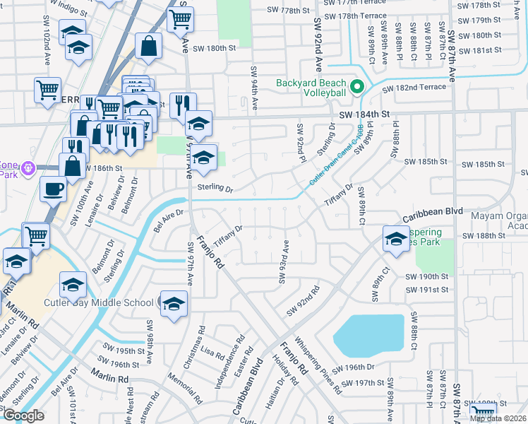 map of restaurants, bars, coffee shops, grocery stores, and more near 18683 Southwest 93rd Court in Cutler Bay