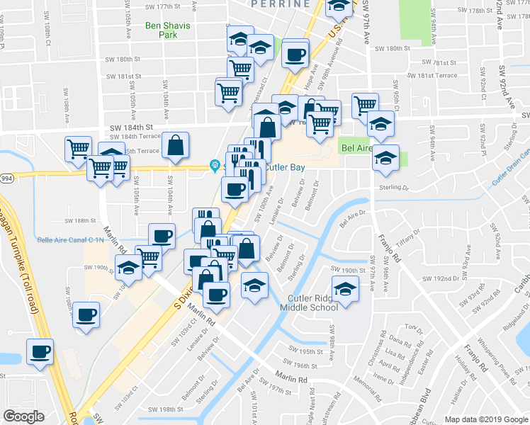 map of restaurants, bars, coffee shops, grocery stores, and more near 18757 Southwest 100th Avenue in Cutler Bay