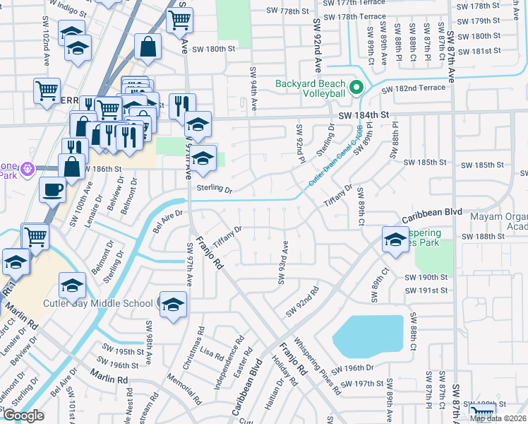 map of restaurants, bars, coffee shops, grocery stores, and more near 18683 Southwest 93rd Court in Cutler Bay