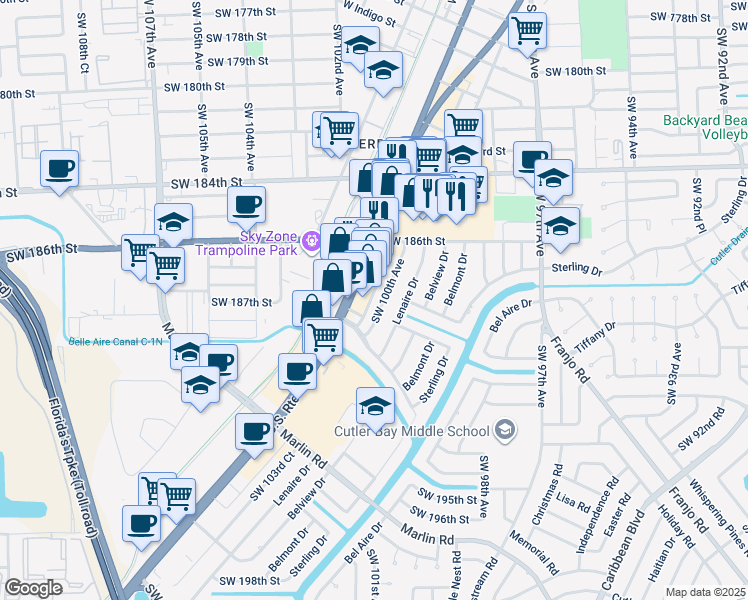 map of restaurants, bars, coffee shops, grocery stores, and more near 18676 Southwest 100th Avenue in Cutler Bay