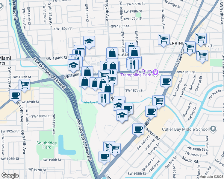 map of restaurants, bars, coffee shops, grocery stores, and more near 18651 SW 107th Ave in Miami