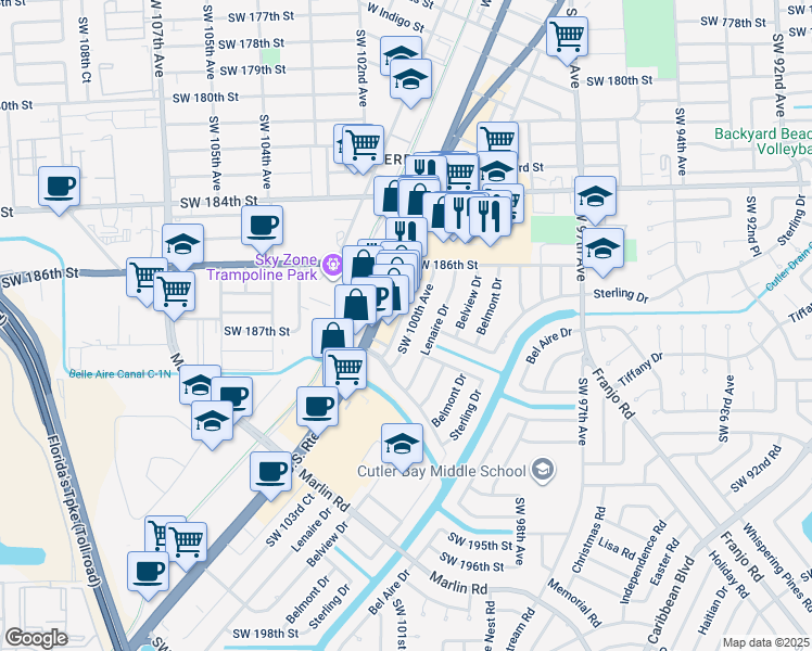 map of restaurants, bars, coffee shops, grocery stores, and more near 18676 Southwest 100th Avenue in Cutler Bay