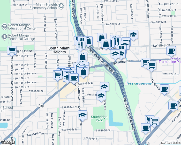 map of restaurants, bars, coffee shops, grocery stores, and more near 11222 Quail Roost Drive in Miami
