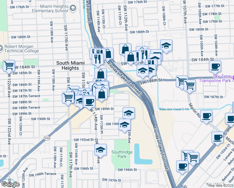 map of restaurants, bars, coffee shops, grocery stores, and more near 11222 Quail Roost Drive in Miami