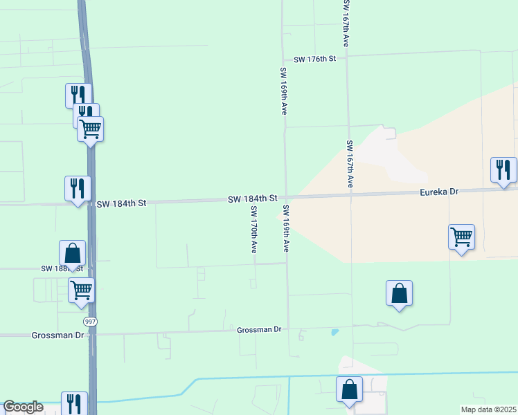 map of restaurants, bars, coffee shops, grocery stores, and more near 16990 Southwest 184th Street in Miami