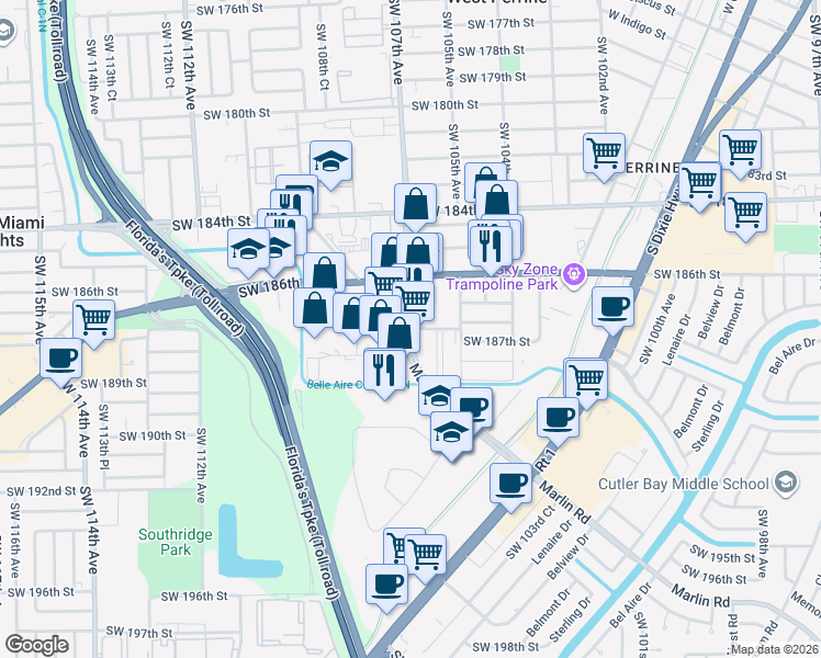map of restaurants, bars, coffee shops, grocery stores, and more near 18629-18651 SW 107th Ave in Miami