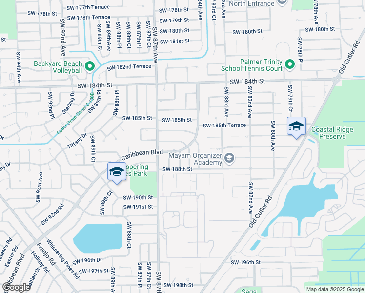 map of restaurants, bars, coffee shops, grocery stores, and more near 18560 Caribbean Boulevard in Cutler Bay