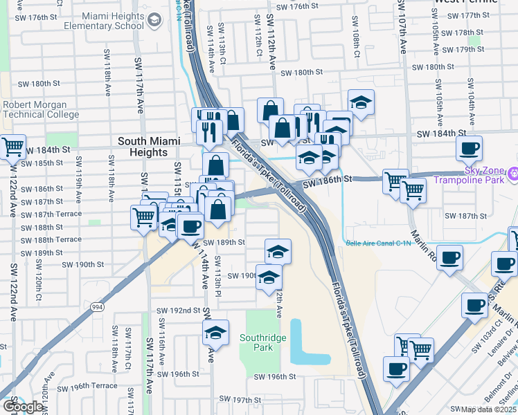 map of restaurants, bars, coffee shops, grocery stores, and more near 11222 Quail Roost Drive in Miami