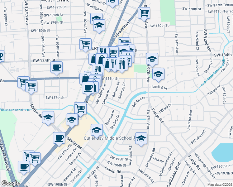 map of restaurants, bars, coffee shops, grocery stores, and more near 18660 Belmont Drive in Cutler Bay