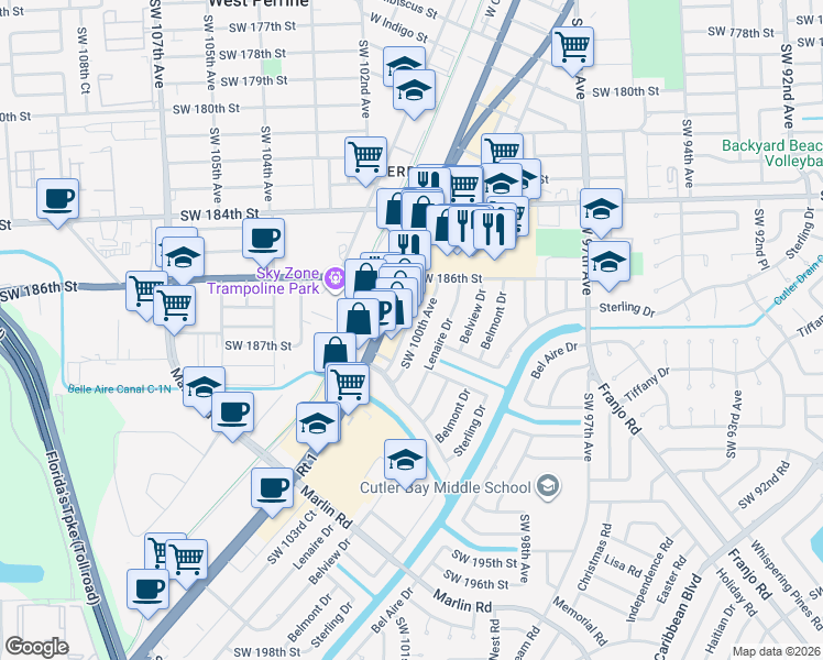 map of restaurants, bars, coffee shops, grocery stores, and more near 18678 Southwest 100th Avenue in Cutler Bay