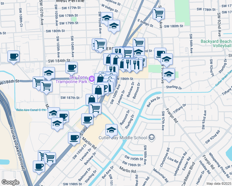 map of restaurants, bars, coffee shops, grocery stores, and more near 18676 Southwest 100th Avenue in Cutler Bay