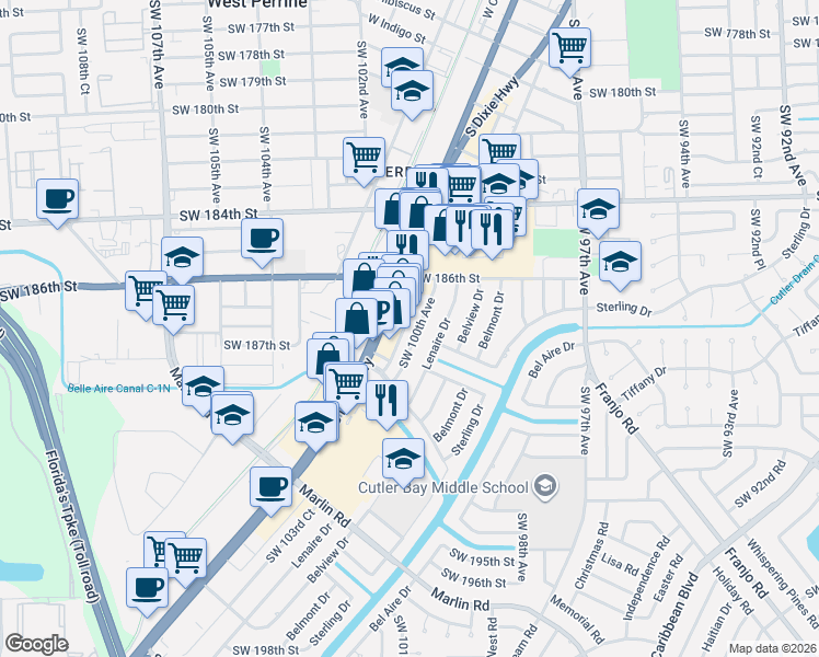 map of restaurants, bars, coffee shops, grocery stores, and more near 18678 Southwest 100th Avenue in Cutler Bay
