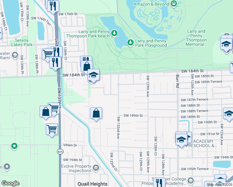 map of restaurants, bars, coffee shops, grocery stores, and more near 18667 Southwest 132nd Place in Miami