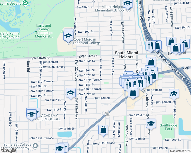 map of restaurants, bars, coffee shops, grocery stores, and more near 11960 Southwest 187th Street in Miami