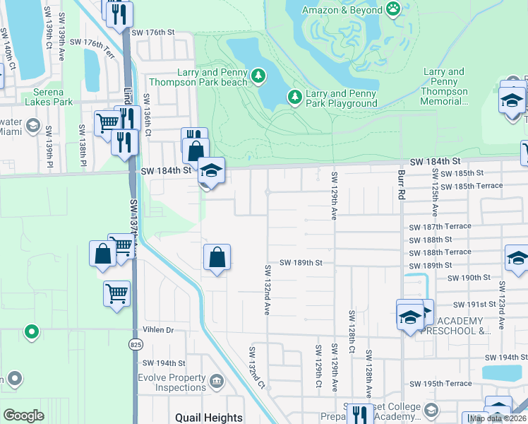 map of restaurants, bars, coffee shops, grocery stores, and more near 18667 Southwest 132nd Place in Miami