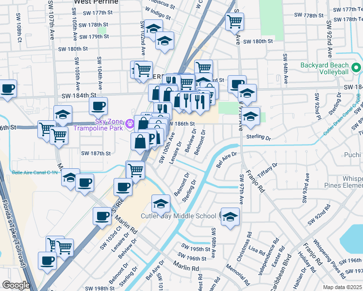 map of restaurants, bars, coffee shops, grocery stores, and more near 18671 Lenaire Drive in Cutler Bay
