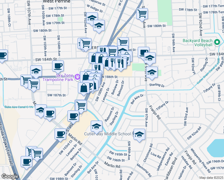 map of restaurants, bars, coffee shops, grocery stores, and more near 18671 Lenaire Drive in Cutler Bay