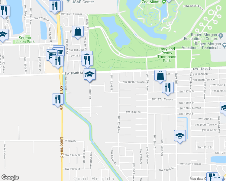 map of restaurants, bars, coffee shops, grocery stores, and more near 18667 Southwest 132nd Place in Miami