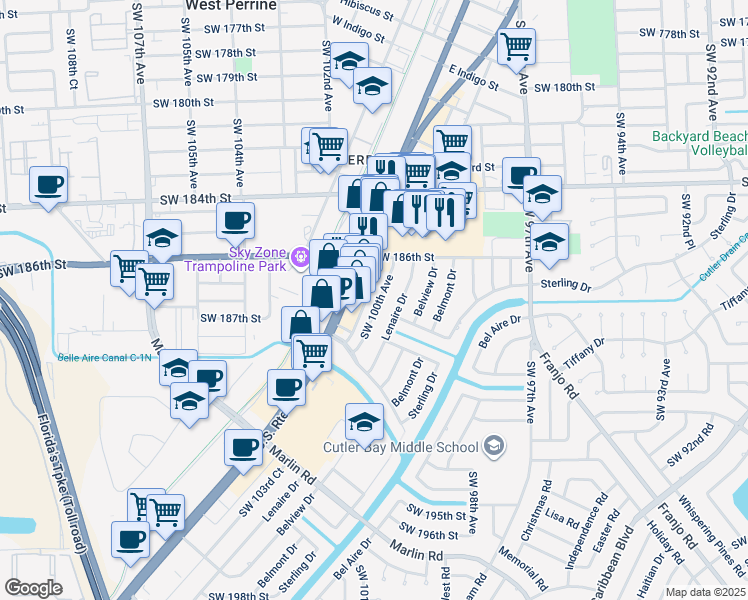 map of restaurants, bars, coffee shops, grocery stores, and more near 18676 Southwest 100th Avenue in Cutler Bay